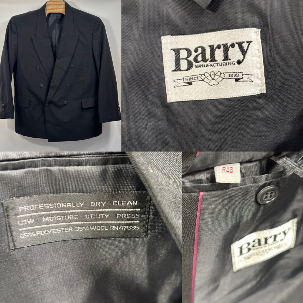 Barry Double Breasted Blazer Mens 48 Black Peak Lapel Vintage Suit Jacket R48